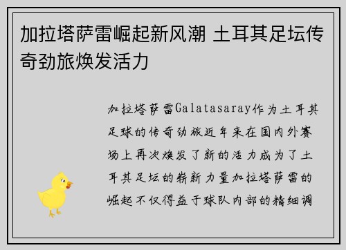 加拉塔萨雷崛起新风潮 土耳其足坛传奇劲旅焕发活力