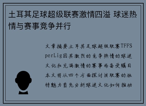 土耳其足球超级联赛激情四溢 球迷热情与赛事竞争并行