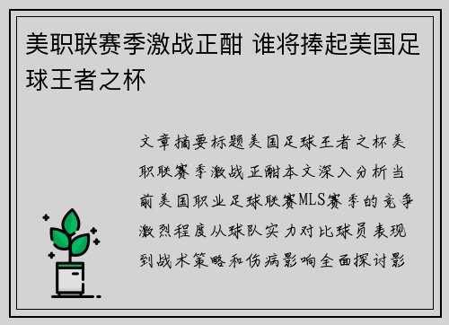 美职联赛季激战正酣 谁将捧起美国足球王者之杯