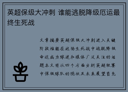 英超保级大冲刺 谁能逃脱降级厄运最终生死战